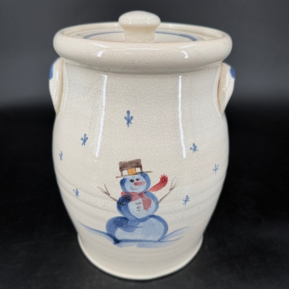 Rowe Pottery Works Snowman Stoneware Crock with Lid Blue White Christmas Decor